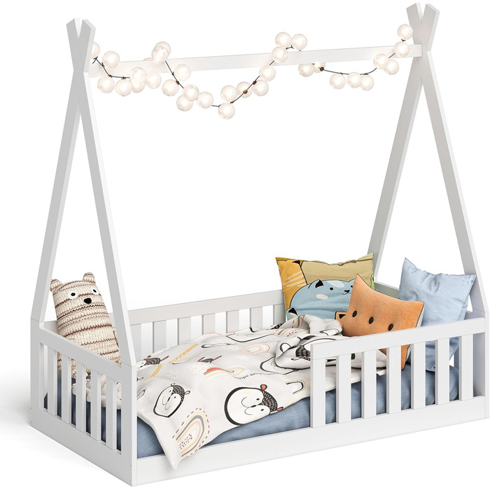 Bellabino Tajo Tipi Bed Base for Children 70x140 cm, House Bed made of Solid Pine Wood with Fall Protection/Fence and Slatted Frame in White for Children from 3 Years 70 x 140 cm White