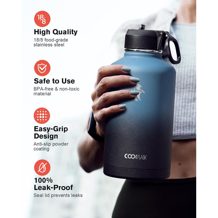 Термопляшка Coolflask 2л з соломинкою та 3 кришками, нержавіюча сталь, для спорту та офісу, Indigo Schwarz
