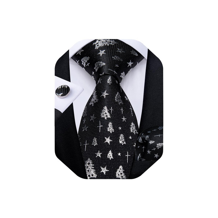 Набір краватки на Різдво для чоловіків DiBanGu: краватка з веселим принтом, кишеньковий хустинка, запонки. Чорний/білий, з різдвяною ялинкою