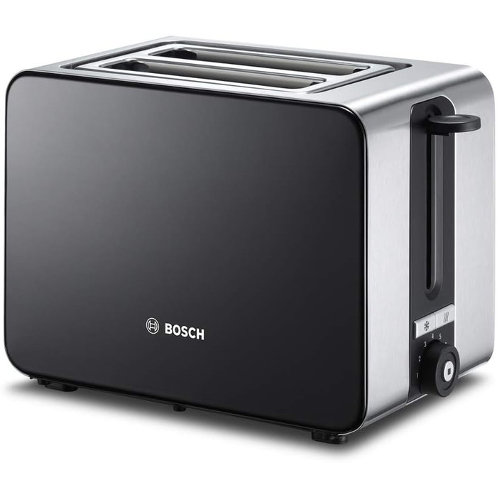 Bosch Compact Toaster ComfortLine TAT7203, integrated stainless steel bagel attachment, with automatic shut-off, with defrost function, perfect for 2 slices of toast, 1050 W, stainless steel/black Single