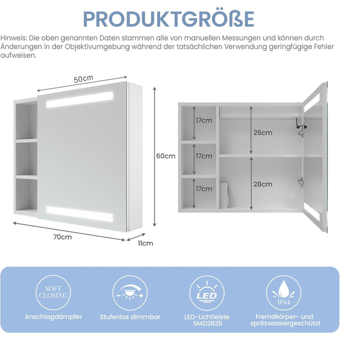 Дзеркальна шафа для ванної кімнати AQUABATOS з розеткою та підсвічуванням LED, 50x70 см, шафа для ванної кімнати, дзеркало з інфрачервовим сенсором, регулювання яскравості, антизапарювання, холодне біле світло