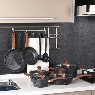 Kitchen Academy Induction Cookware Set - 12-Piece Black Granite Cookware Set, Non-Stick Pot and Pan Set, PFOA & PFOS-Free