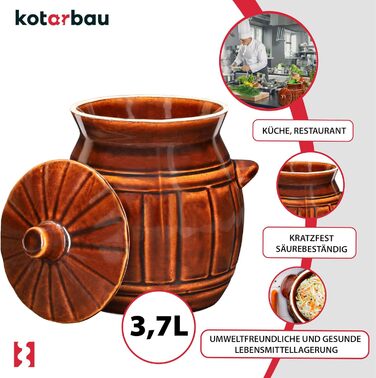 Керамічний глечик KOTARBAU 3,7 л для квашення, бурий, з кришкою, для огірків та квашеної капусти, з кам'яної кераміки