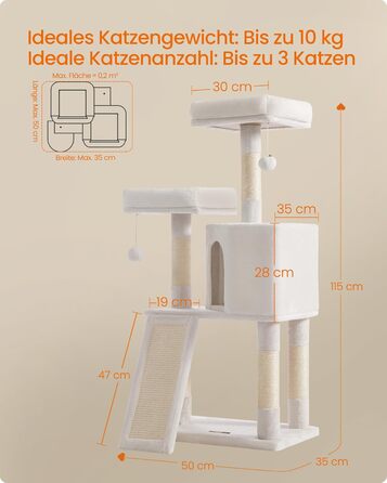 Дряпка для котів Feandrea Kratzbaum Klein, з дряпальною дошкою, платформами, м'яким плюшем, 115 см, повністю обмотана сизалем, PCT141W01 (кремово-білий, 50 x 35 x 115 см)