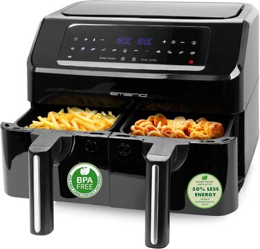 Електрична аерофритюрниця Emerio Digital Doppel 7,2 л (2×3,6 л), 12 програм, без BPA, синхронне завершення, фритюрниця без олії