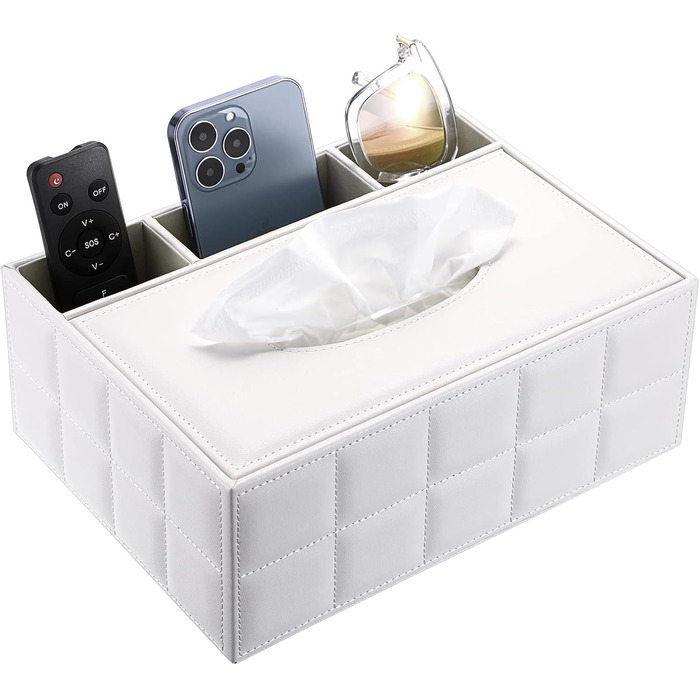 BTSKY Rectangular Tissue Box Holder made of PU Leather with Remote Control Pocket – Desk Tissue Holder, Organizer, Storage Box, Holder, Remote Control Container, White