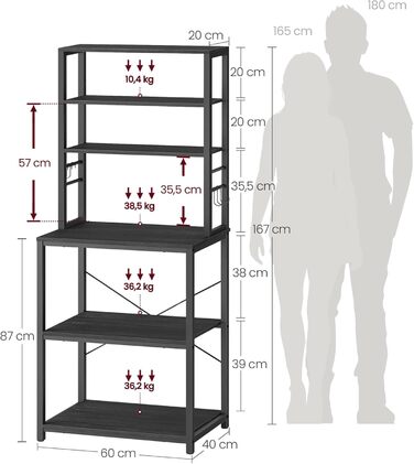 Стелаж кухонний VASAGLE, підлоговий, для мікрохвильової печі, 6 полиць, 6 гачків, сталевий каркас, рустикальний стиль, 40 x 60 x 167 см, золотий дуб + білий, KKS024W09