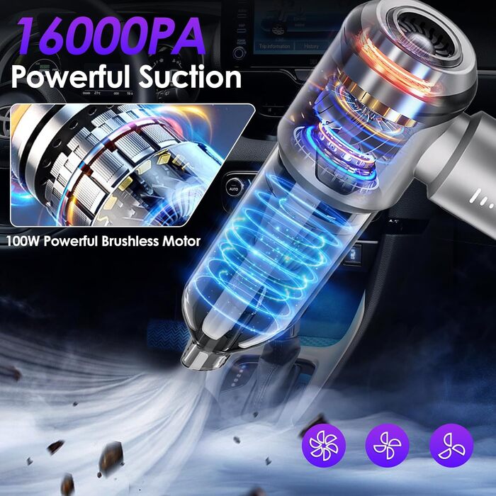 Бездротовий ручний пилосос Unipampa 16000PA, 100W, 6000mAh, для дому, авто, офісу, видалення шерсті тварин (сірий)