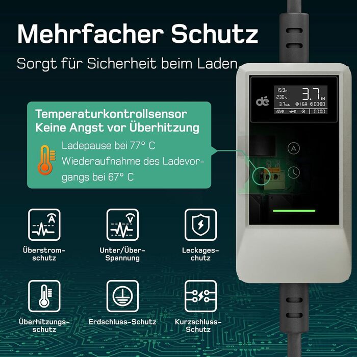 Кабель зарядки для електромобіля тип 2 Schuko 3,7kW (6-16A, 1-фазний) з LCD дисплеєм, 7м, для ID.3/4/5/7, Model Y/3, ENYAQ та інших PHEV/EV