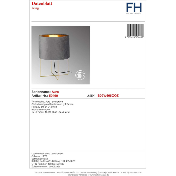 Торшер Fischer & Honsel Aura: класичний дизайн, золотий метал, синій оксамитовий абажур, висота 34 см