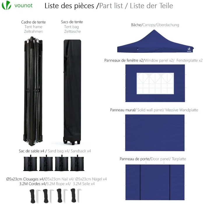 VOUNOT Gazebo 3x3m Waterproof, Stable, Winterproof, Pop-Up Folding Gazebo with 4 Side Walls and 4 Sandbags, Party Gazebo Folding Tent Party Tent, (Blue)