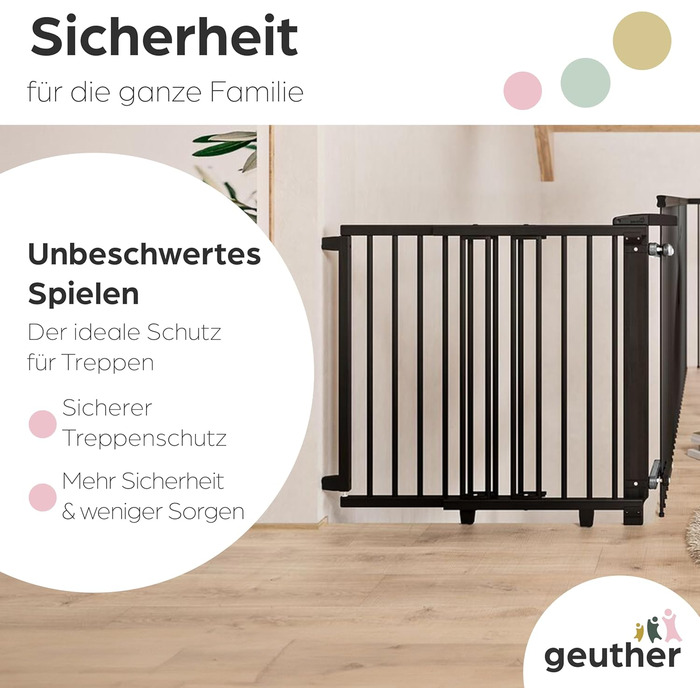 Безпечне ворота Geuther Oris для дитячого захисту на сходах | Дерев'яне ворота з дверцятами, ширина 67-95 см, чорний колір, з кріпленнями для поручнів