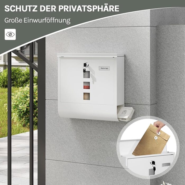 Поштовий ящик WOLTU з газетницею та вікном, персоналізований, з ключем, білий 37x37x10.5 см