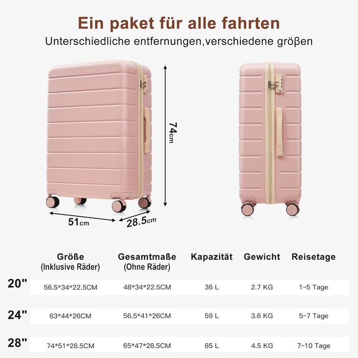 Набір валіз Merax Hartschalen 5 в 1: 3 валізи + 2 косметички, рожево-хакі, з колесами