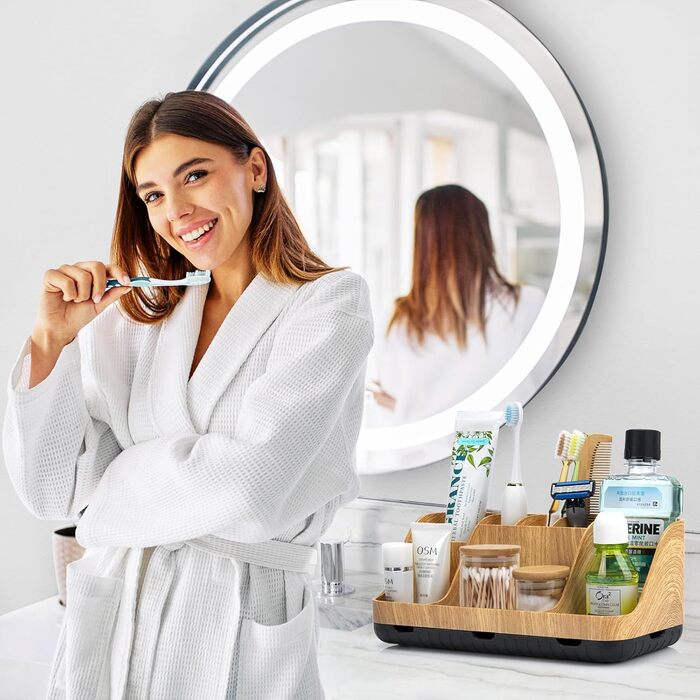 Тримач для зубних щіток у ванну кімнату: органайзер для електричних щіток та пасти, 7 відділень, дерев'яний, для сім'ї