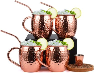 Moscow Mule Copper Mug Set, Handmade, Food-Safe, Copper Mug for Moscow Mule Cocktail, 473 ml, Gift Set with 1 Shot Glass, 4 Straws, and 4 Coasters, 4 Pieces