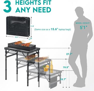 Складний кемпінговий стіл для пікніка, грилю, саду, пляжу 60x40x26.5/41.5/67.5 см, регульована висота, чорний