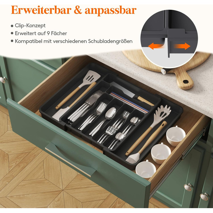 Органайзер для столових приборів Lifewit в шухляду, розсувний, пластиковий, 7-9 відділень, 38-50 см, чорний