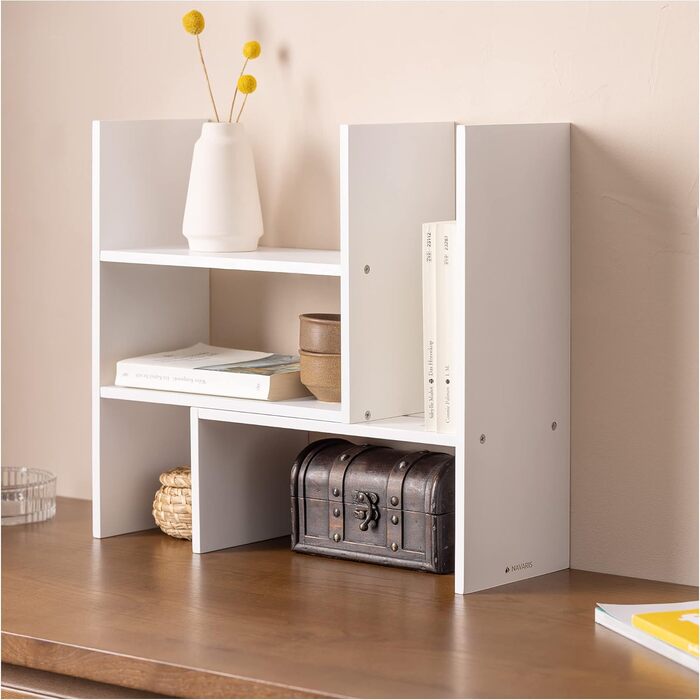 Navaris Acacia Desk Organizer 64x15.5x40 - Desk Shelf Organization System Adjustable - Corner Shelf for Kitchen Office Bathroom Shelf Attachment - Natural (White)
