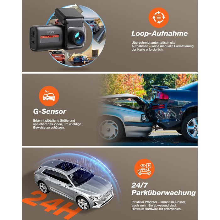 iZEEKER 4K Автомобільний відеореєстратор (Dashcam) з Wi-Fi, 32GB SD-карткою, двоканальний запис 4K+1080P, IPS-дисплей 2.99', Нічне бачення, G-сенсор, Запис по колу, Паркувальний режим 24/7