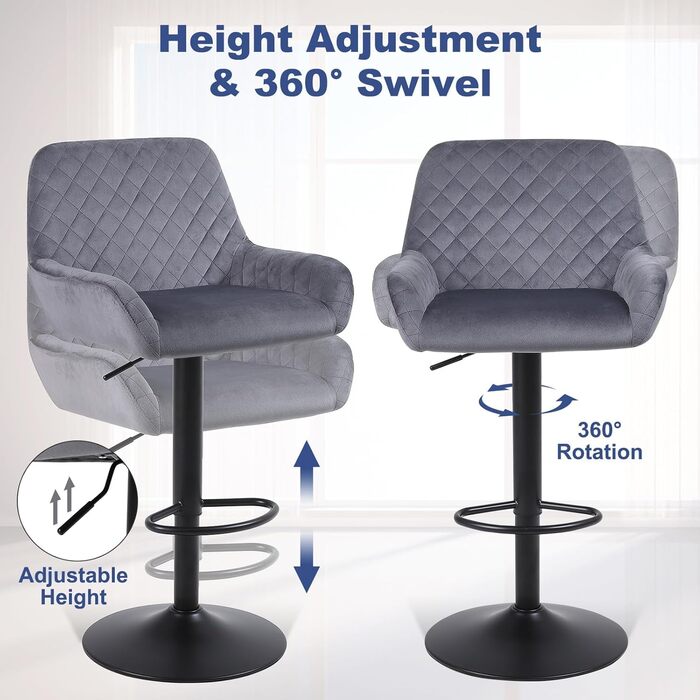 Ralex Velvet Bar Stools 2-Pack - Adjustable Swivel Bar Chairs with Backrest & Armrests for Kitchen, Bar & Counter (Gray)