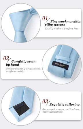 HISDERN Комплект краваток для чоловіків: краватка, кишеньковий хустинка та краватки-затискач. Класичний однотонний дизайн, світло-блакитний колір, для урочистих подій, весілля, свят.