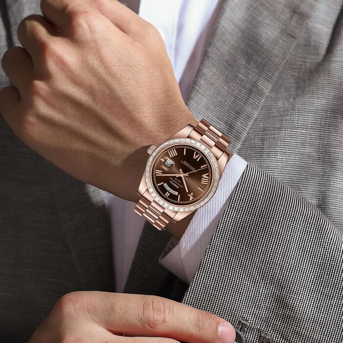 Годинник NIBOSI чоловічий аналоговий кварцовий з діамантовою безелем, сталевий циферблат, рожеве золото, срібло, водостійкий бізнес-класичний годинник з датою (рожево-коричневий)