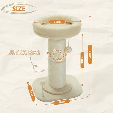 PAWZ Road Cat Tree, Tall Cat Scratching Post for Indoor Cats with Super Thick Scratching Post [Dia=14cm], Detachable Fluffy Cat Bed, Cat Scratching Post with Feather Ball, Beige