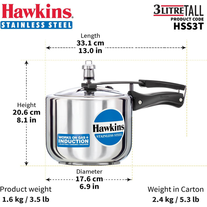 Hawkins Modell B 3 33 Hard Shell Cover L High Stainless Steel Pressure Cooker, small, silver
