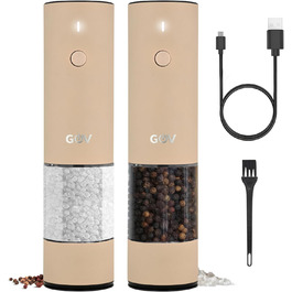 Electric Pepper and Salt Grinder Set - 75 ml Beige Edition - USB-C Rechargeable - 6 Adjustable Grind Sizes - Stylish Beige Stainless Steel Design with LED Light