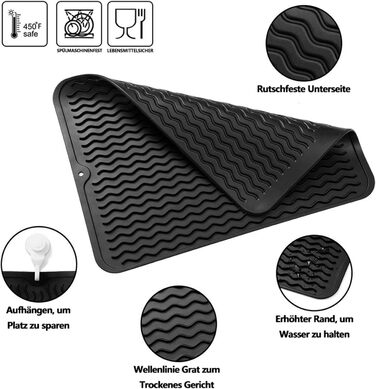 Силиконова підставка для посуду - 50 x 40 см. Без BPA, стійка до нагріву, не слизька. Підставка для сушіння посуду, чорна.