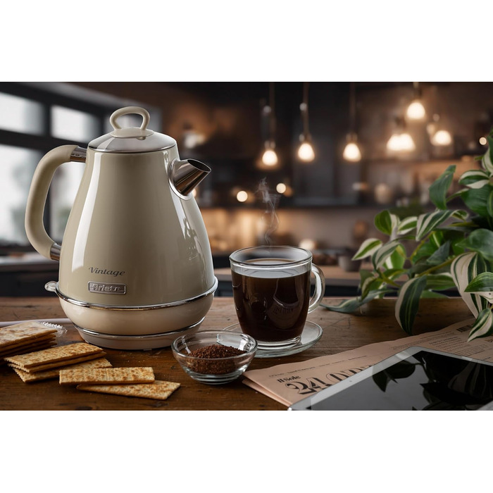 Ariete Vintage Electric Kettle 2869 - 1.7L Stainless Steel Retro Kettle with Water Level Window, Cordless 360° Base, Auto Shut-Off, Tea Infuser, 2000W (Beige)