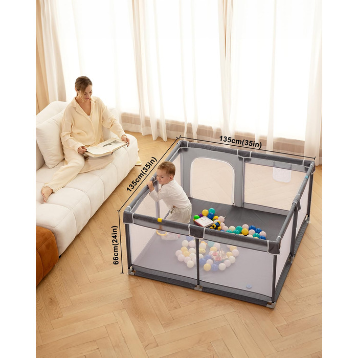 derimkcoa Playpen Baby, Baby Play Fence, Large Children's Safety Playground, Playpen with Breathable Net, Portable Playpen for Indoors and Outdoors (130x130x66cm)