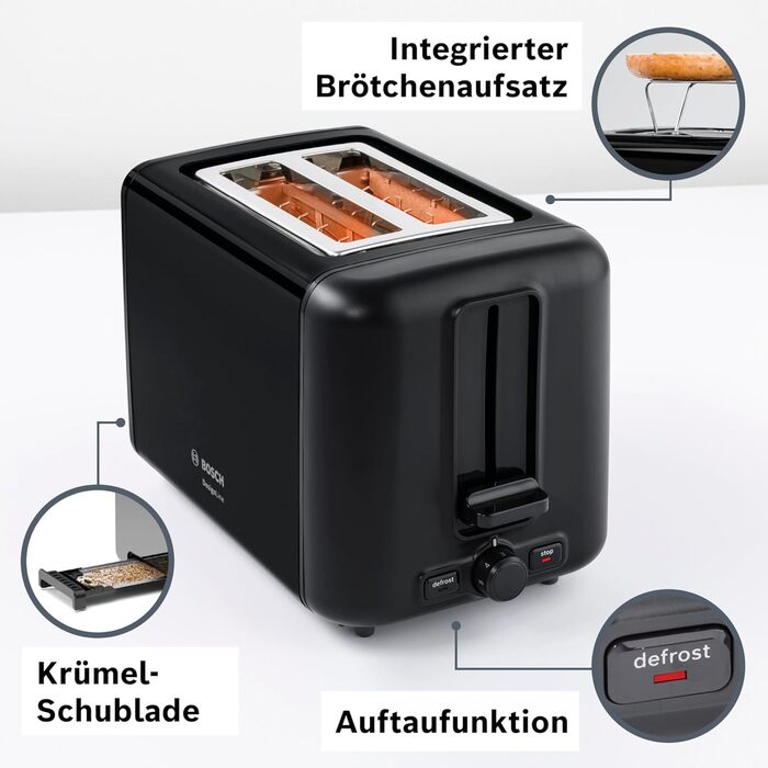 Bosch Compact Toaster DesignLine TAT3P423DE, Integrated Stainless Steel Bread Roll Attachment, With Automatic Shut-off, With Defrost Function, Perfect for 2 Slices of Toast, Lift Function, Wide, 970 W, Black Polished/Black Front Painted Single