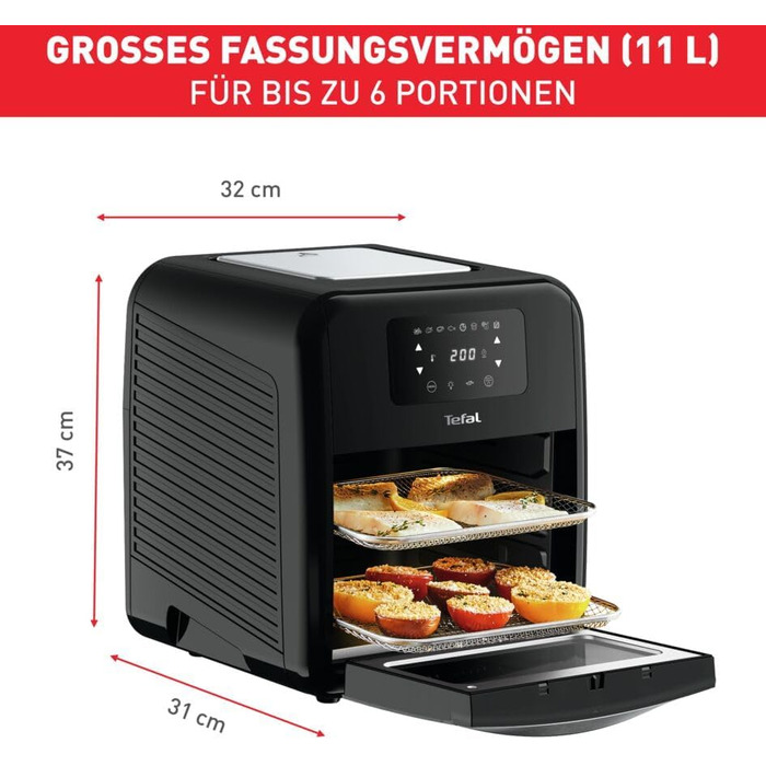 Аерофритюрниця Tefal Easy Fry Oven & Grill 9-в-1, 11 л, 6 порцій, 7 аксесуарів, 8 програм, онлайн-рецепти, без масла, швидка, енергоощадна, чорна