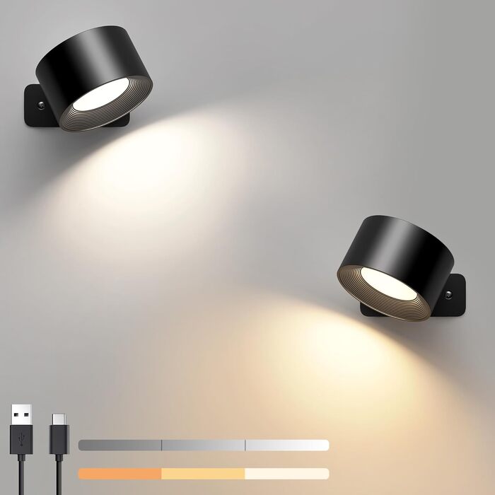LED настільна лампа настінна з USB-зарядкою, 3 кольори та 3 рівні яскравості, 360° поворот, сенсорне керування, 2 шт. (білий, чорний)