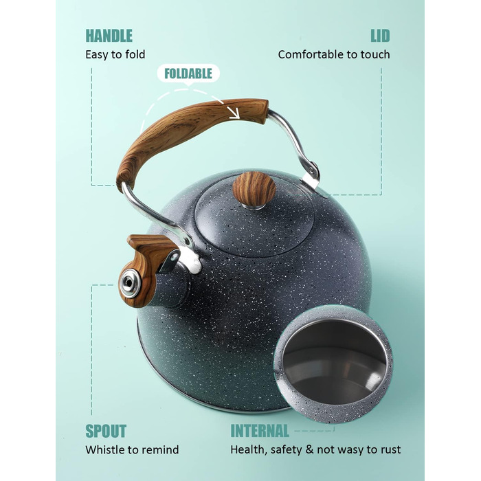 Чайник BELANKO 2,5 л з свистком, нержавіюча сталь, з дерев'ястим декором, складаний ручка, для чаю, кави, молока – блакитний (сірий)