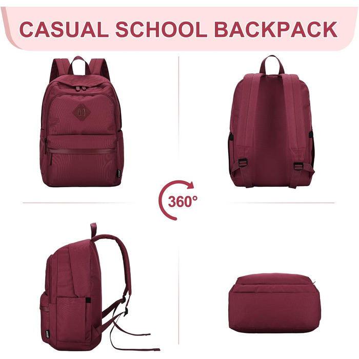 Рюкзак RAVUO для чоловіків та жінок, 15.6 дюймів, водонепроникний, для підлітків, для школи, подорожей, роботи, чорний, бордовий