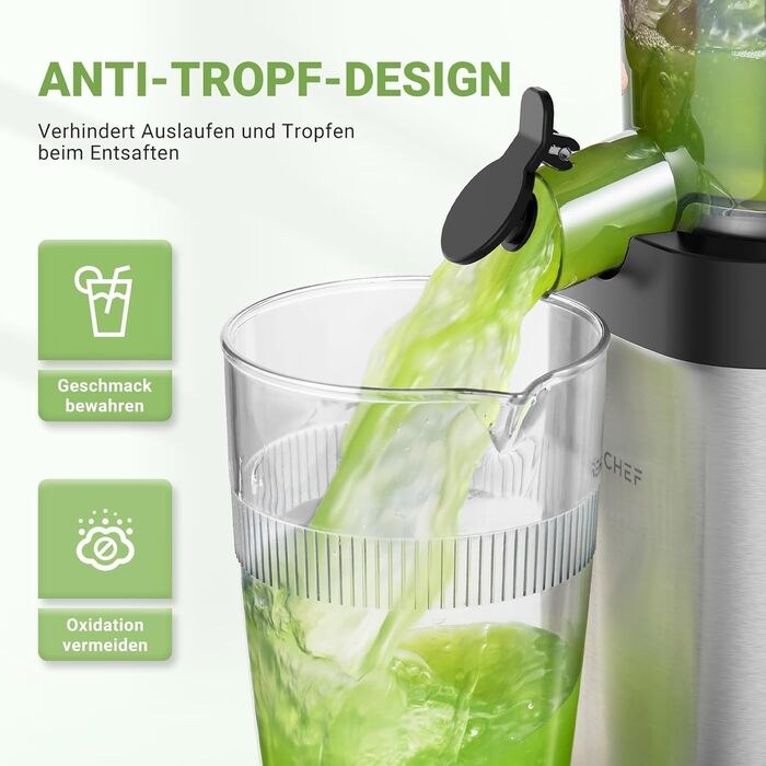 AMZCHEF Juicer, Slow Juicer - 126MM Large Feed Chute for Whole Vegetables and Fruits, Stainless Steel Juicer, Easy to Clean, Large Auger, Double Strainers