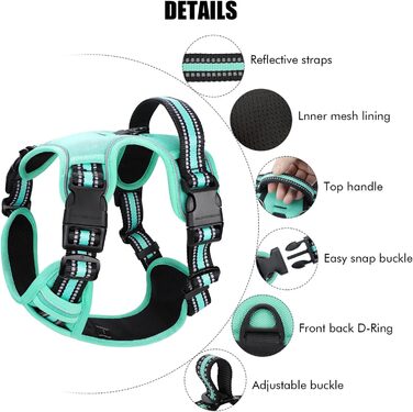 Нашийник для собак No-Pull, грудна шлейка для маленьких, середніх та великих собак - м'яка, дихаюча, регульована, світловідбиваюча, проти потягування з м'яким тримачем (L, блакитний)