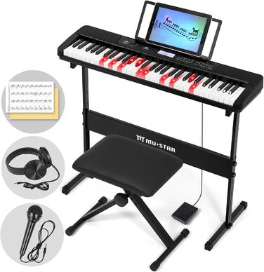 MUSTAR 61-клавішна клавіатура-піаніно для початківців, цифрова клавіатура з підсвічуванням, динаміками, стійкою, табуретом, навушниками, мікрофоном, підставкою для нот, 300 звуками та уроками музики (Чорний)