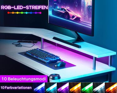 Ігровий стіл ODK з LED-підсвіткою, 2 розетками та 2 USB, кутовий білий комп'ютерний стіл з підставкою для монітора 129x129 см для геймінгу та домашнього офісу