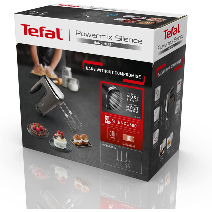 Ручний міксер Tefal Power Mix Silence HT650E, 600 Вт, тиха робота, 2 віночки, 2 гачки, регулятор швидкості, турбо, сірий