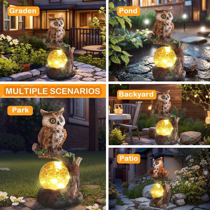 JJALIGHTS Solar Owl Figurine, Owl Garden Decor with Solar Ball, Waterproof for Outdoors, Balconies, Terraces, Gifts for Women, Men, Mom, Birthday, 24CM