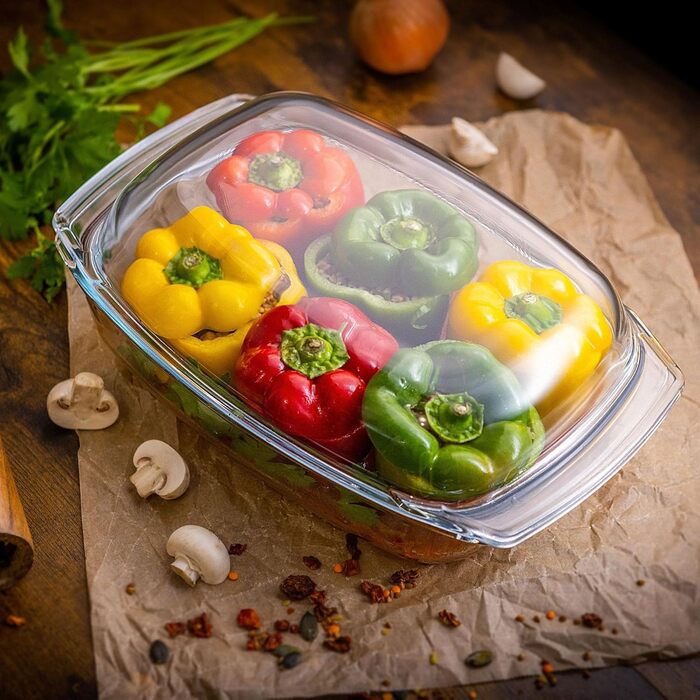 Форма для запікання KADAX 5л зі склокераміки з кришкою та ручками – прямокутна, жароміцна посудина для тушкування та випікання, ідеальна для лазаньї, м'ясних страв, підходить для духовки та електроплити 5л