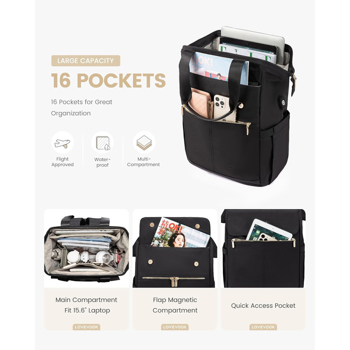 LOVEVOOK Рюкзак для підлітка, жіночий рюкзак з відділенням для ноутбука 15.6 дюймів, шкільний рюкзак, сумка для навчання, ділова сумка, рюкзак для міста, чорний