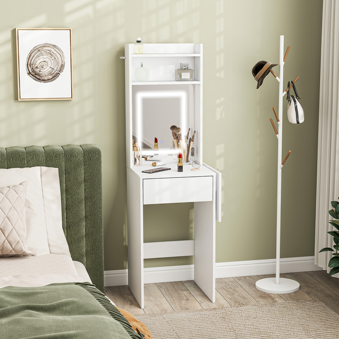 HOMCOM Compact Vanity Table with Mirror and LED Lighting, Folding Tabletop, Open Shelves, Drawer, MDF, White
