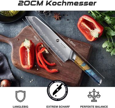 Кухонний ніж FINTISO Kochmesser 20 см, японська сталь S35VN, 7-шаровий дамаск, дерев'яна ручка – ідеальний подарунок