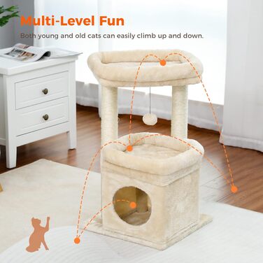 PAWZ Road Cat Tree, Multi-Tier Cat Tower with Sisal-Covered Scratching Post, Cozy Cat Condo & Large Cat Perch for House Cats, Beige