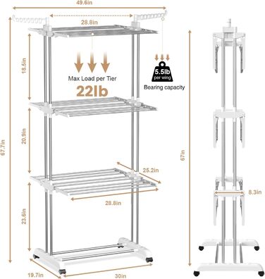 Розкладний сушильник для білизни Innotic з 4 ярусами та колесами (білий/сірий)